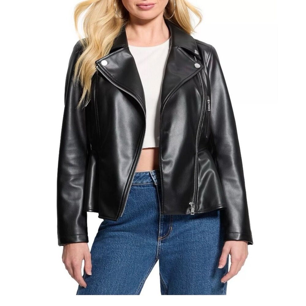 Guess by Marciano Black Faux Leather Peplum Moto Jacket - Picture 3 of 16